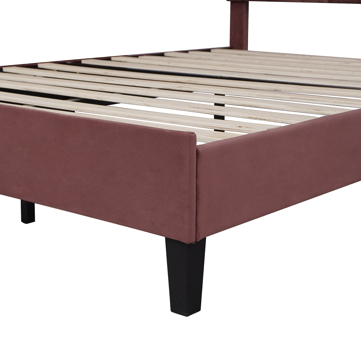 Harper & Bright Designs Queen Size Upholstered Platform Bed Frame with Flower Pattern Velvet Headboard, Bean paste red