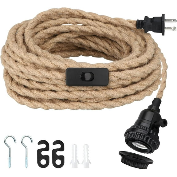 16.5FT Pendant Light Kit, Hanging Lights with Plug in Cord & Switch, Hemp Rope Swag E26 Socket Pendant Lamp, Extension Lantern Cable Vintage Farmhouse Industrial Retro DIY Decoration Fixtures
