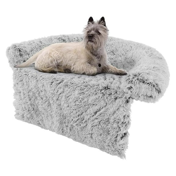 HHBEAUTY Calming Dog Bed - Fluffy Plush Pet Bed for Couch, Removable Washable Cover, Soft Neck Bolster, Dog Sofa Bed Furniture Protector Mats for Dogs Cats (Light Gray, Medium - 44'' x 40'' x 7'')