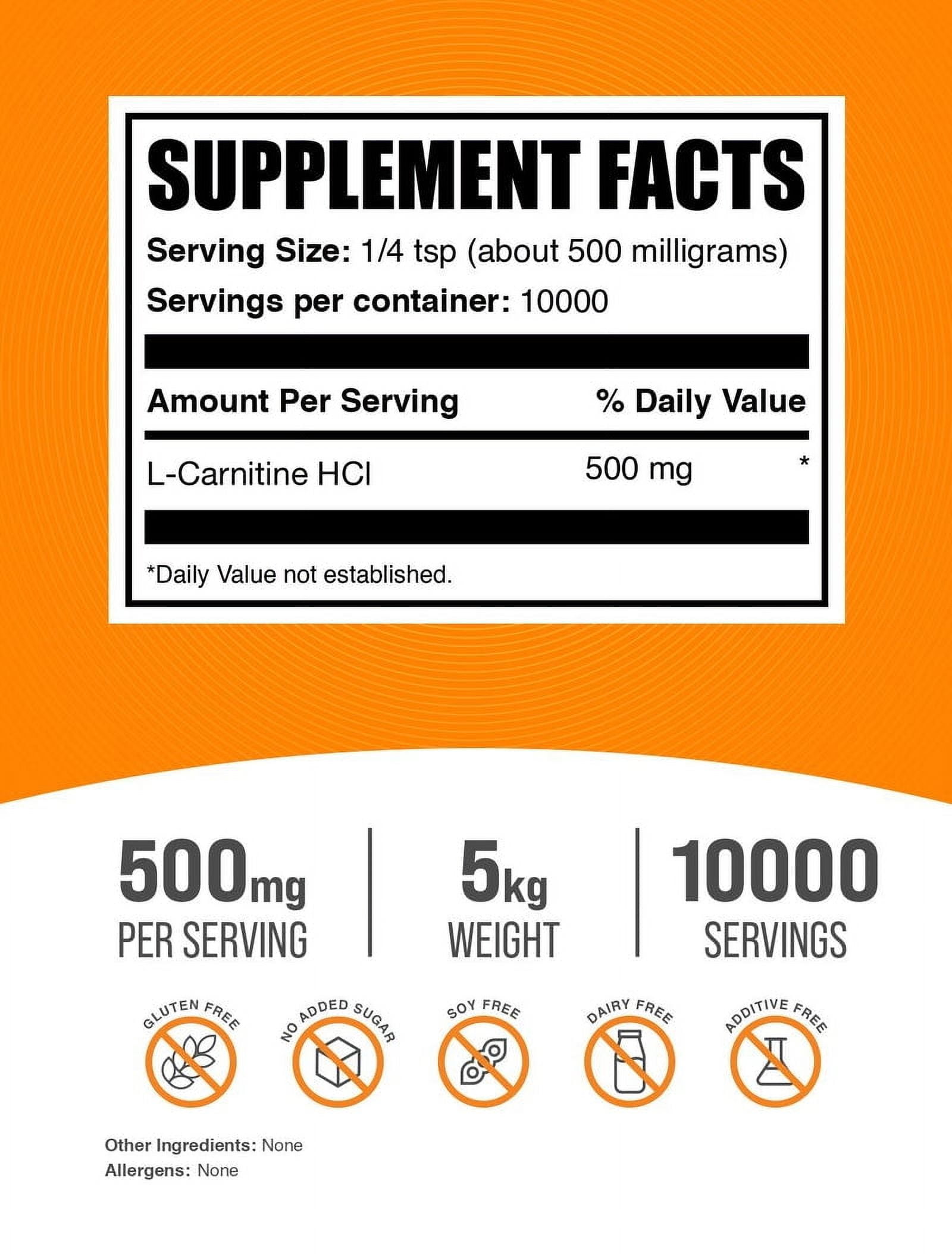 BulkSupplements L-Carnitine HCl Powder, 500mg Per Serving - 5 Kilograms (11 lbs) - 10000 Servings