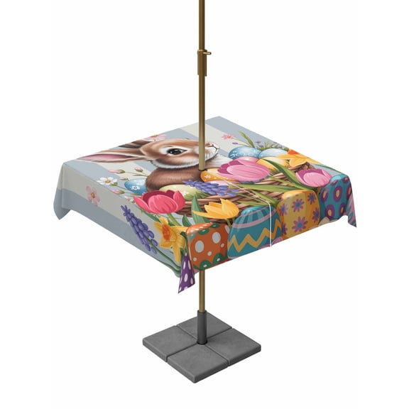 Easter Bunny Outdoor Tablecloth - 60x60 Inch Square Dining Table Cover, Colorful Eggs Spring Tulips Flower Blue Stripes Waterproof Outdoor Table Cloth with Umbrella Hole & Zipper for Picnic/Patio