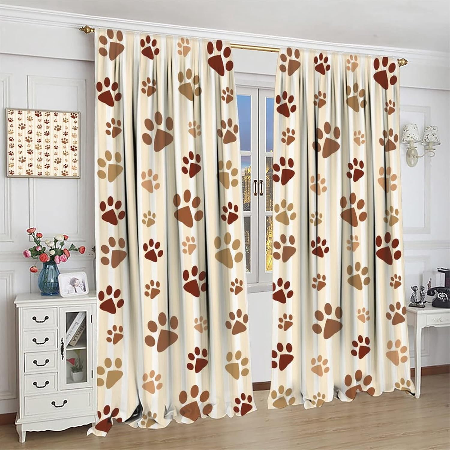 Dog Paw Print Curtains Cartoon Boho Dog Paw Print Bones Rod Pocket Blackout Window Treatment for Kids Girls Bedroom Children''s Room Kitchen Home Decor Art Printed Window Drapes 52x84in
