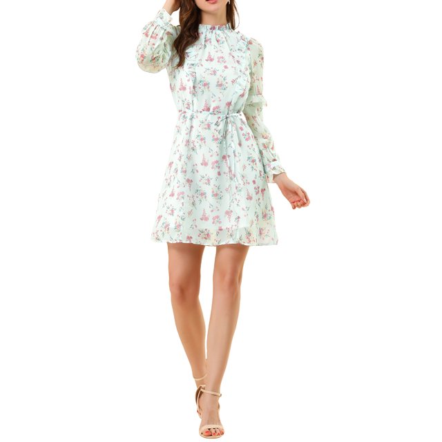 Vestido de gasa con volantes de manga larga y cintura ajustable de flores de Allegra K en azul claro S
