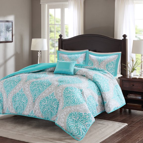 Comfort Spaces Coco Microfiber 4-Piece Teal/Gray Comforter Set, Full/Queen