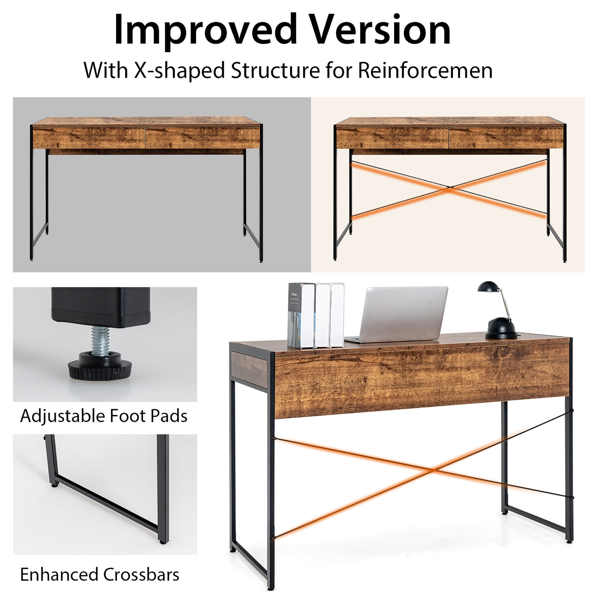 Costway Computer Desk Metal Frame Study Table Home Office Workstation w/2 Drawers Rustic