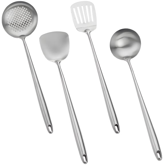 4 Pcs Wok Spatula 304 Stainless Steel Set, 17 in/43 cm Kitchen Utensil Set, Ergonomic Long Handle, Includes Wok Spatula, Spoon, Skimmer Spoon and Slotted Spatula