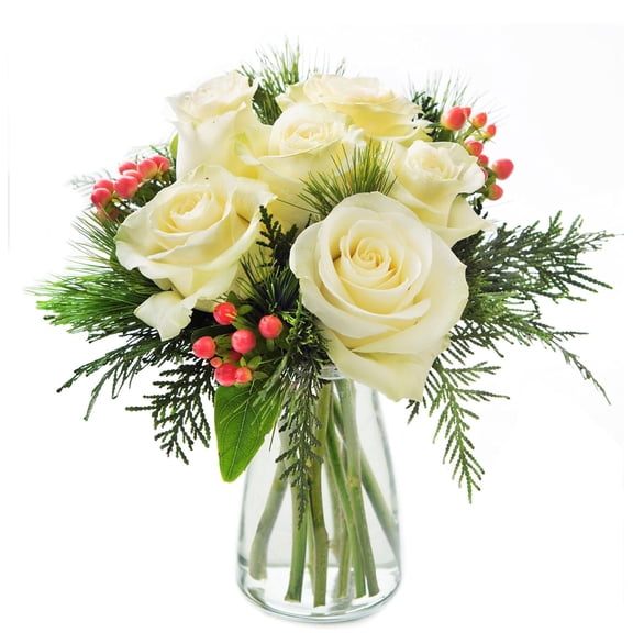 KaBloom : 6 White Roses, 3 Red Hypericum Berries, 6 Greens with vase, Next-Day Delivery.