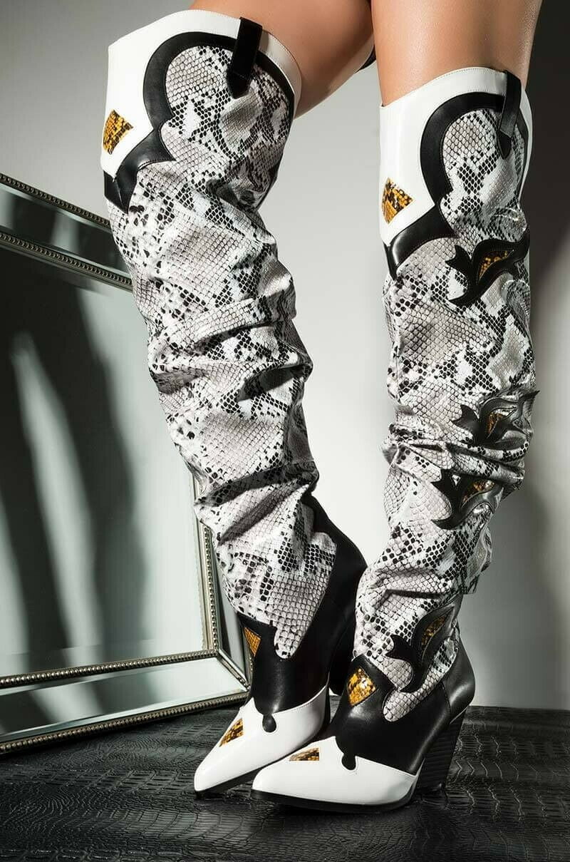 Lemonade Molly Over The Knee Western Contrast Snake Slouchy Thigh High Heel Boot