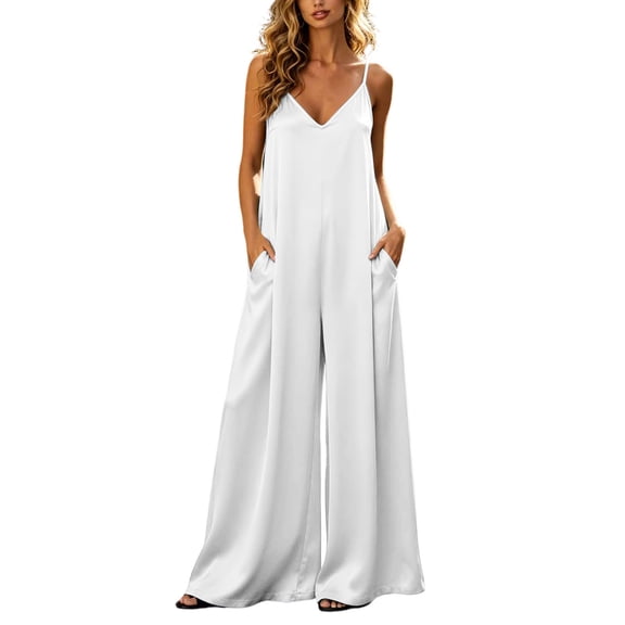 Hurxie Womens Satin Wide Leg Jumpsuits Dressy Casual Flowy Spaghetti Night Rompers One Piece Outfits White,XL