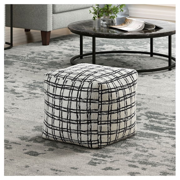 Square Pouf Ottoman, Black & White Fabric Upholstered Floor Cushion, Non-Slip Modern Bean Bag Chair, 16x16x16 Inch, Home Decor Accent