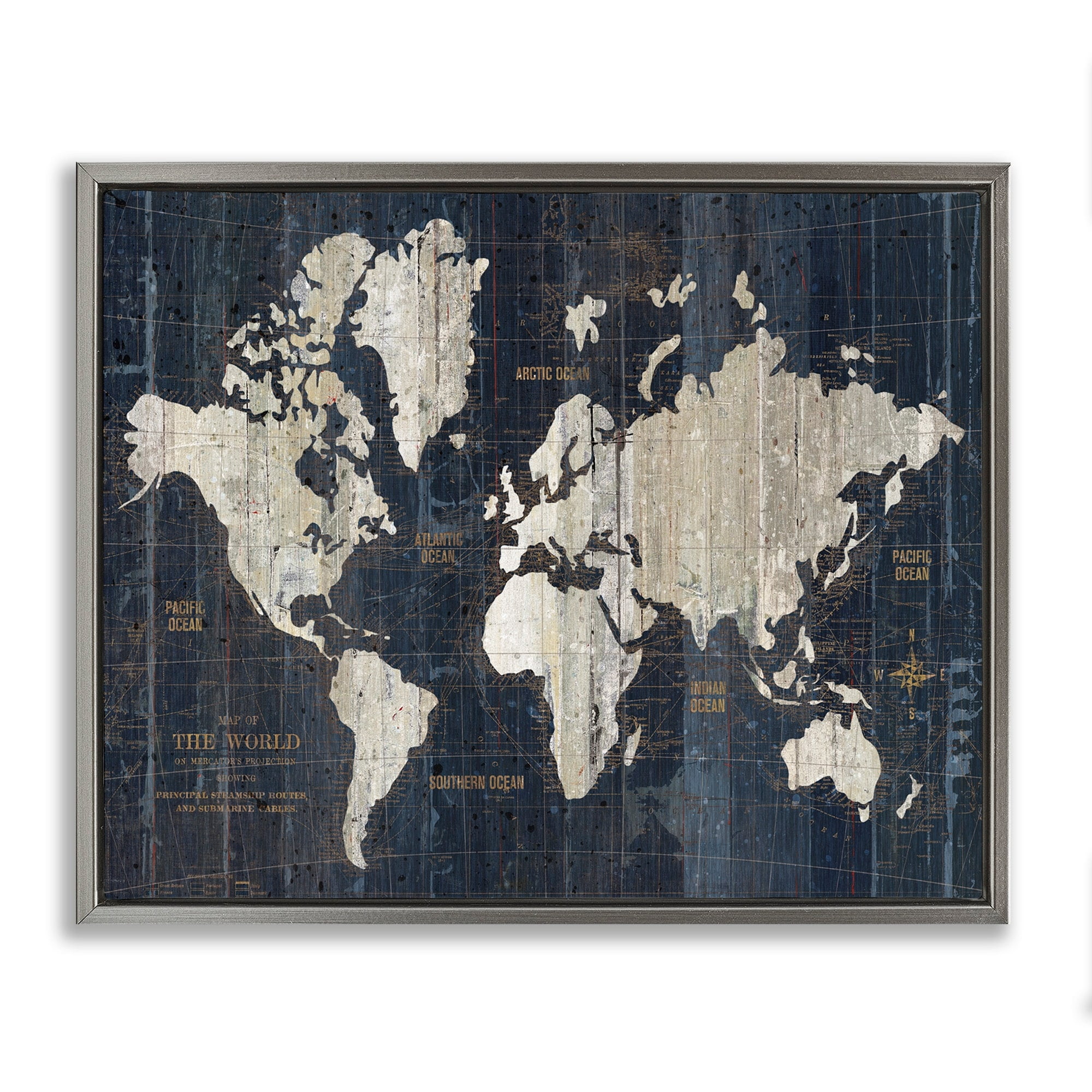 Stupell Industries Distressed Antique World Map Rustic Aesthetic Luster Gray Framed Floating Canvas Wall Art, 24x30, by Wild Apple Portfolio