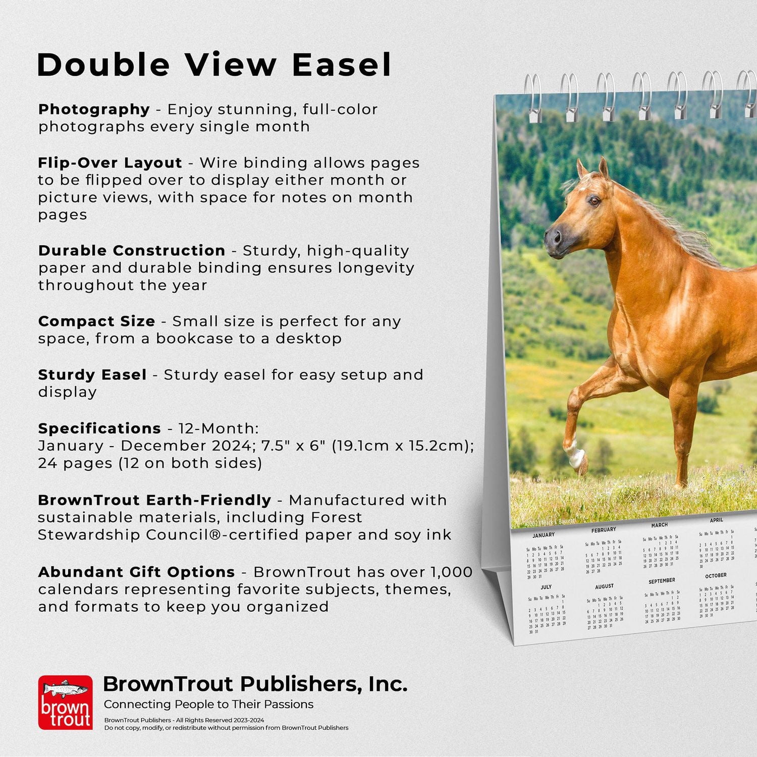 BrownTrout Horse Lovers 2024 7.5x6 Inch Double-View Easel Calendar, 9781975471132