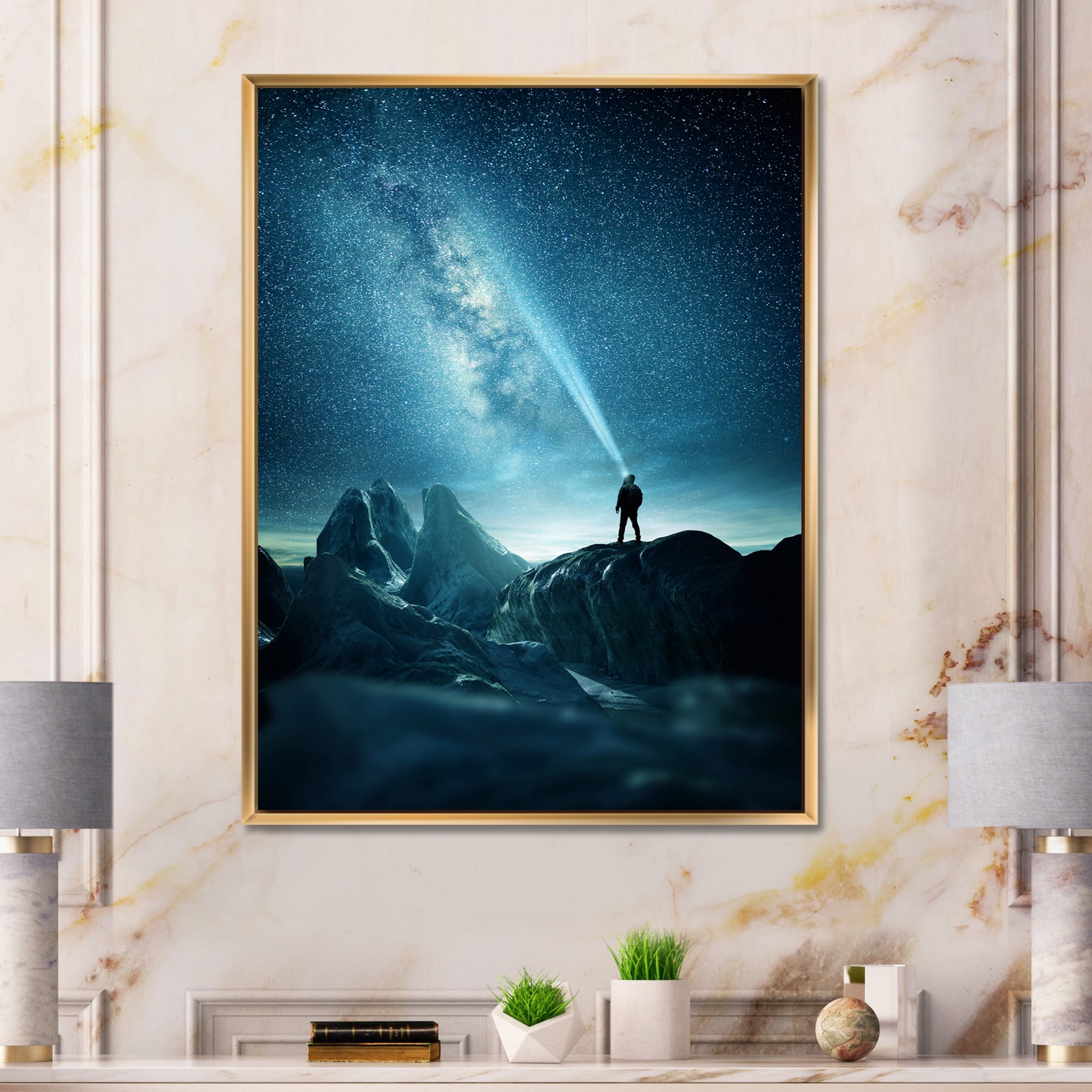 Designart 'A Light Shining by A Man Shining Into The Night Sky' Modern Framed Canvas Wall Art Print