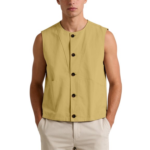 OSOLU Men's Tank Tops Loose Fit Sleeveless Solid Color Open Front Button Casual Summer Outdoor Activities Beach Vacation Vest