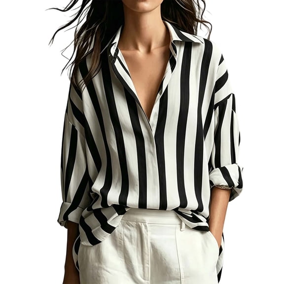 Rexolia Women's Striped Button Down Shirt Regular Fit Long Sleeve Business Casual Black L