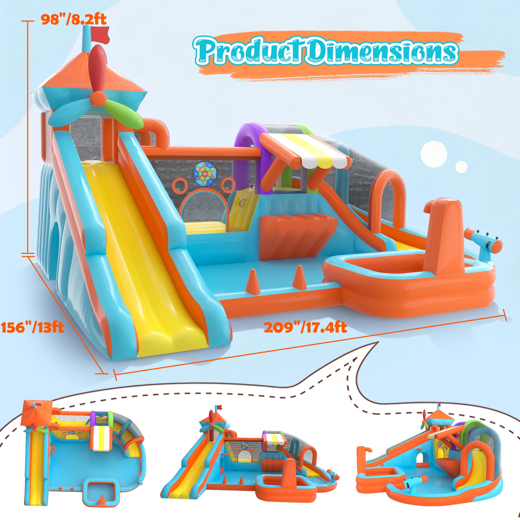 Letsgokid 17.5×13 FT 12 in 1 Water Bounce House for Kids with Double Slide, 750W Blower, Toy Stand, Jumping, Climbing Wall, Water Gun, Splash Pool, Tunnel, Basketball, Indoor, Outdoor, Orange