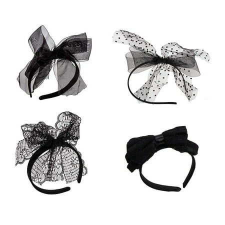80s Lace Headband - 4-Pack 80's Party Hair Band with Bow, Halloween Costume Theme Dress-Up Accessories, Assorted Designs,