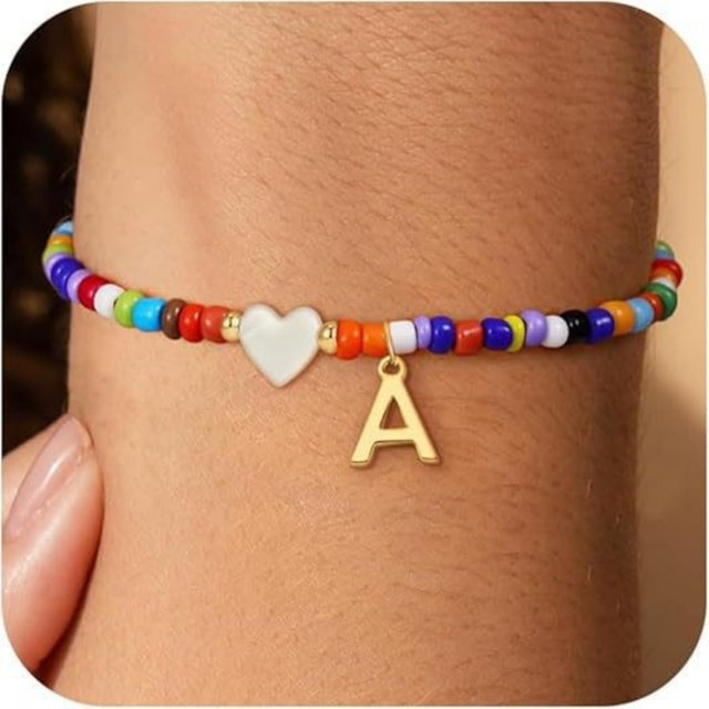 Pulsera Con Inicial Colorida Elástica Cuentas Disco Bohemio para Mujer (oro A)