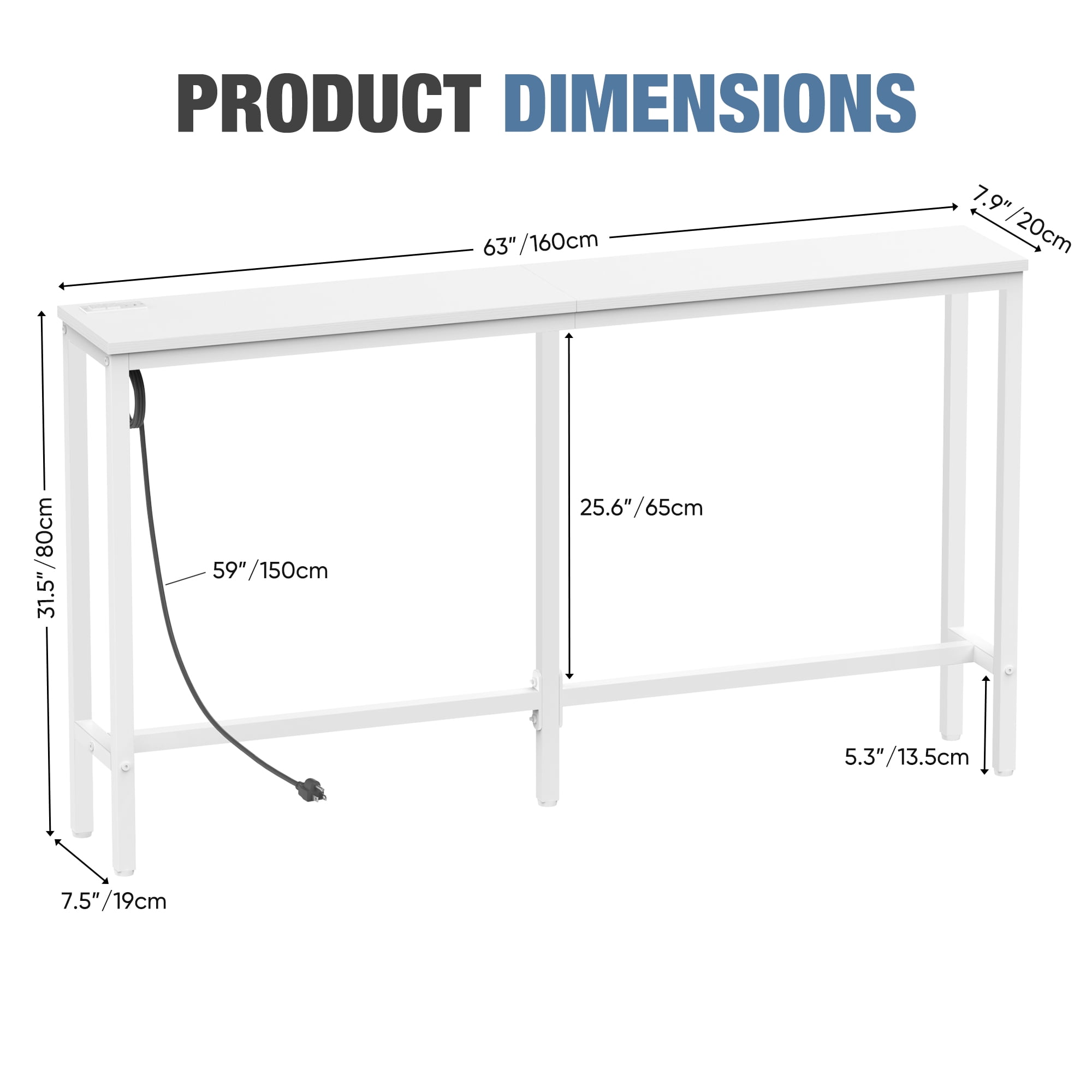 EDX 63-Inch Console Table Entryway Sofa Table with Power Outlets, Long Sofa Table for for Entryway, Hallway, Corridor,White