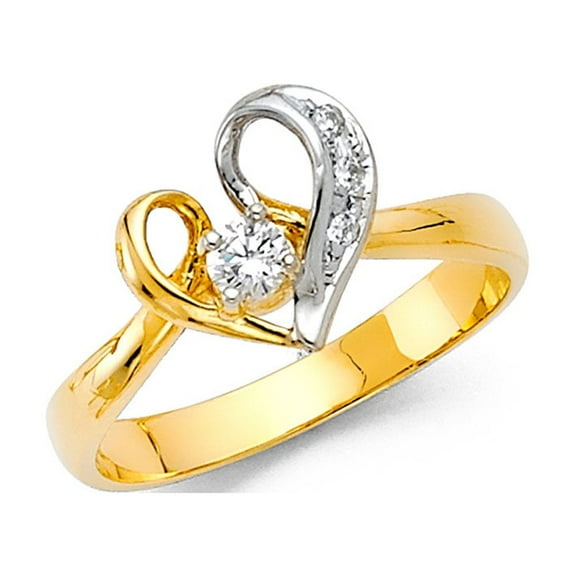 Heart Ring Solid 14k White Yellow Gold Love Band Promise Ring Solitaire CZ Curve Style Two Tone, Size 7