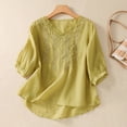 thumbnail image 2 of Solid Color Cotton Linen Blouse for Women V-Neck 3/4 Sleeves Vintage Tops Loose Embroidery Casual Shirts, 2 of 4