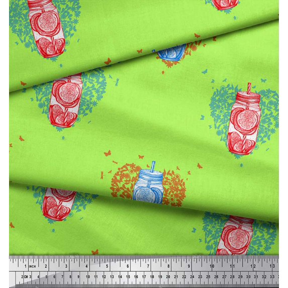 Soimoi Green Rayon Fabric Heart & Lemon Juice Jar Beverages Printed Craft Fabric by the Yard 56 Inch Wide