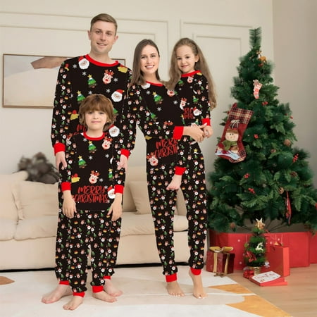 

Christmas Matching Family Pajamas Sets Black Merry Christmas Santa Elk Printed Tops and Pants Sleepwear 2Pcs Sets