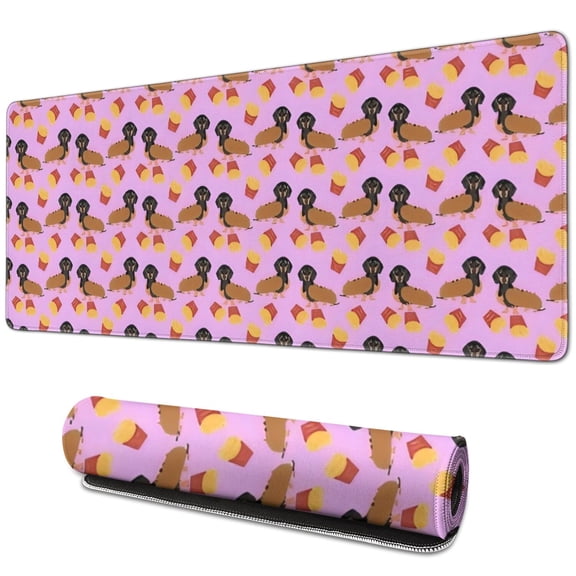 Long Mouse Pads for Desk,Pink Dachshund Chips Desk Mats on Top Of Desks, Desk Mouse Pad Extra Large with 3mm Non-Slip Base and Stitched Edge for Gaming,Office,Work,Home 31.5"x11.8"