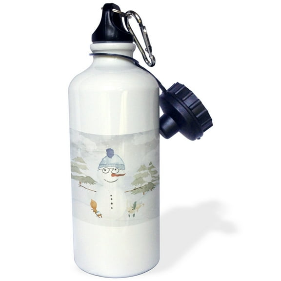 3dRose, Snowman with Bunny and Squirrel in Winter Forest, Flip Straw 21oz Water Bottle