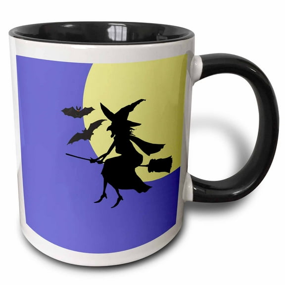 3drose, Witch Broomstick Bats and a Full Moon Cartoon, 11oz Two-tone Black Mug