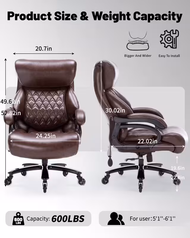thumbnail image 5 of Qusaphy Big and Tall Office Chair, PU Leather Executive Chair, 600 lbs 8-Hour Heavy-Duty Design with Adjustable Lumbar Support, Suitable for Shag Carpets, 5 of 8