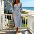 thumbnail image 7 of CHGBMOK Cotton Linen Dresses for Women 3/4 Sleeve V Neck Button Down Dress Cinched Waist Flared Fall Maxi Dress, 7 of 7