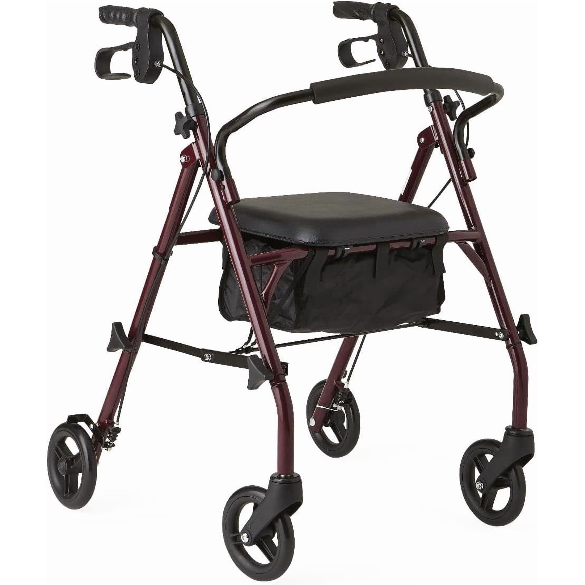 YIAIL Steel Rollator Walker with Seat, Burgundy – 350 lb. Weight Capacity, 6” Wheels, Foldable, Adjustable Handles, Rolling Walker for Seniors, Mobility Aid