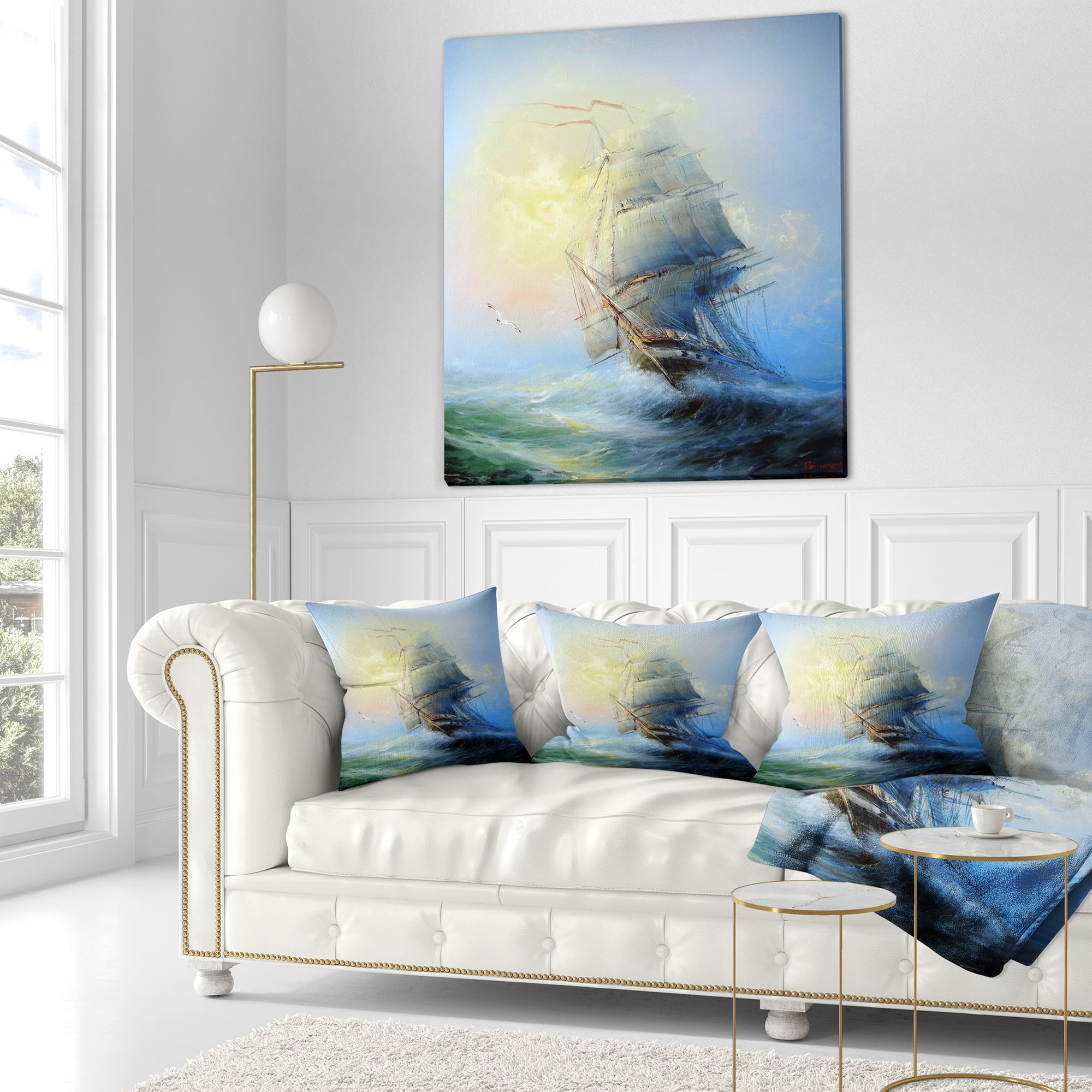 Designart Large Sailing Boat - Seascape Throw Pillow - 18x18