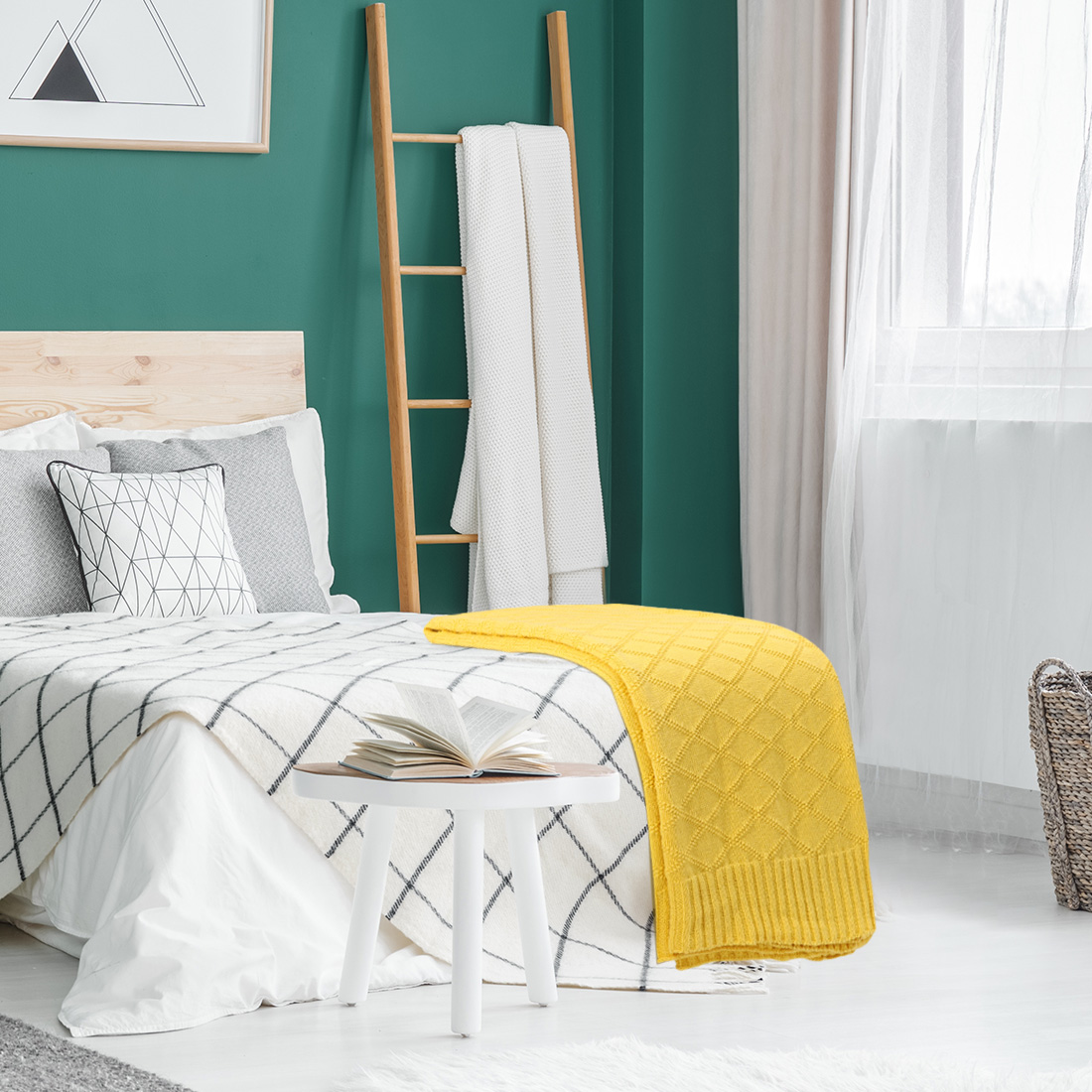 Unique Bargains  100% Cotton Cable Knit Throw Blanket Yellow 50" x 60"