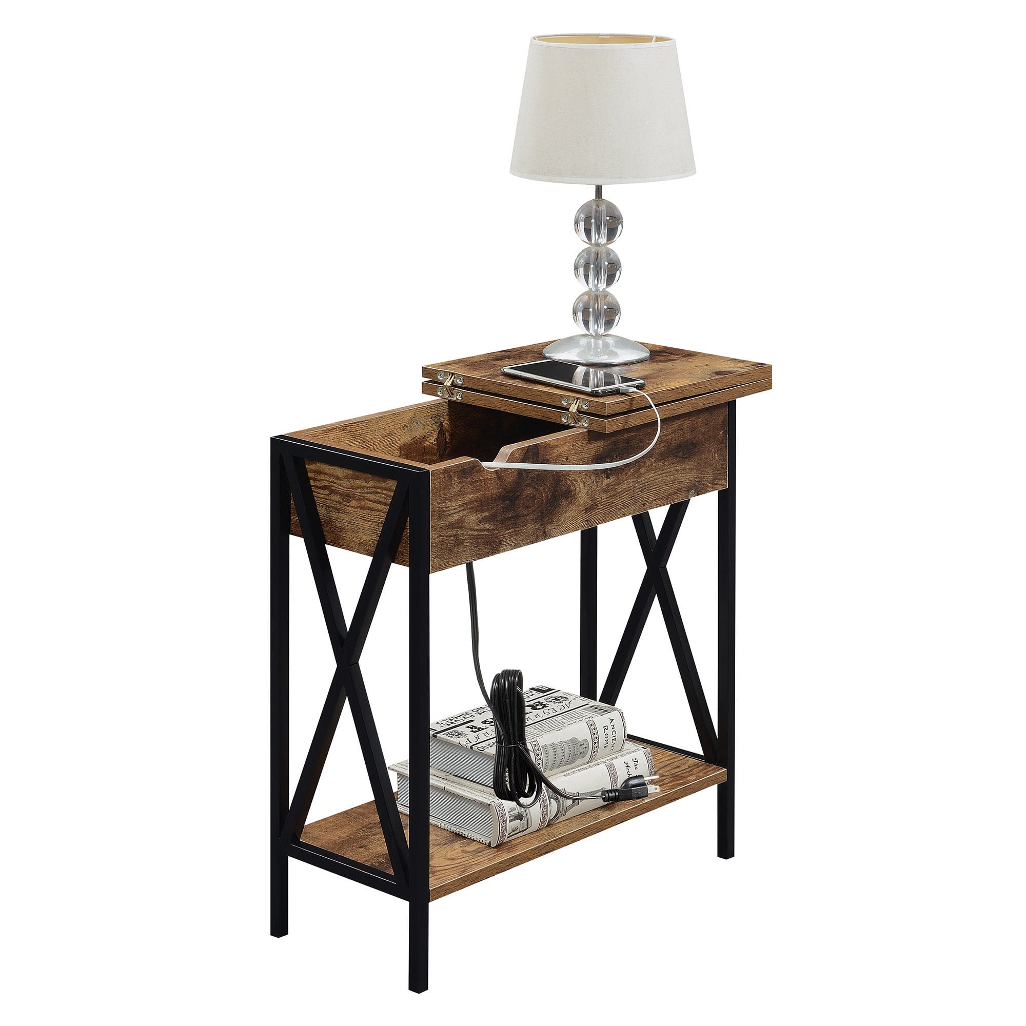Convenience Concepts Tucson Flip Top End Table with Charging Station and Shelf, Barnwood/Black