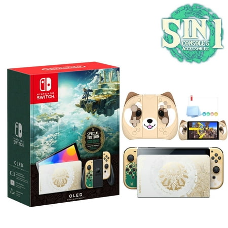 2023 Nintendo Switch OLED The Legend of Zelda: Tears of the Kingdom Limited Edition, Green & Gold Joy-Con, 64GB Console, Hylian Dock, Mytrix Brownie JoyPad & 3 Accessories: 5 in 1 Switch OLED Bundle
