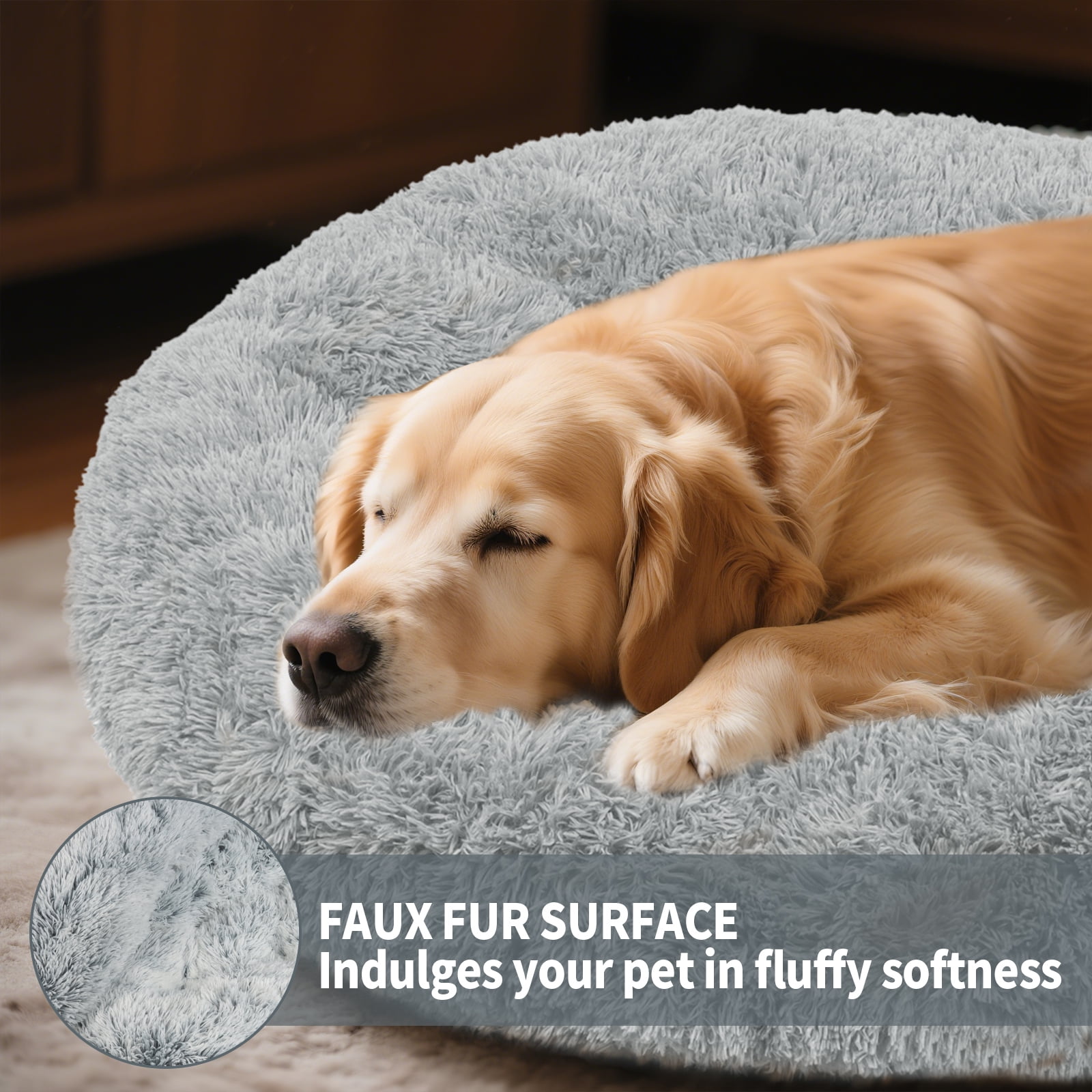 Katieovy Dog Bed for Large Dogs,Fluffy Calming Donut Dog Beds,28 inch Washable Plush Round Dog Mat with Non-Slip Bottom,Gray