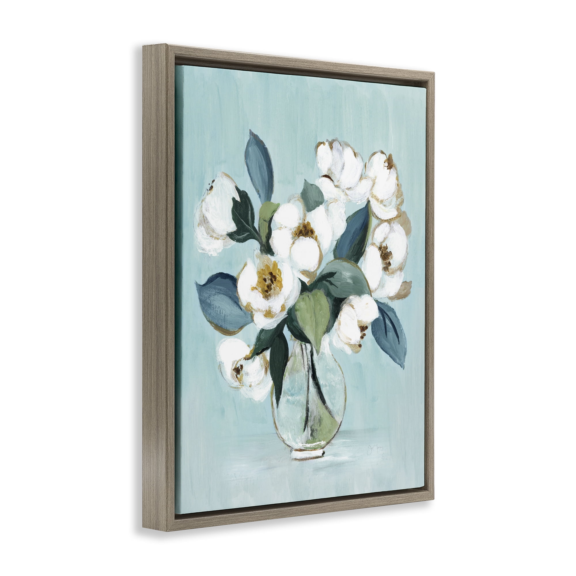 Stupell Industries Magnolia Arrangement over Blue Brown Framed Floater Canvas Wall Art, design by Janet Tava