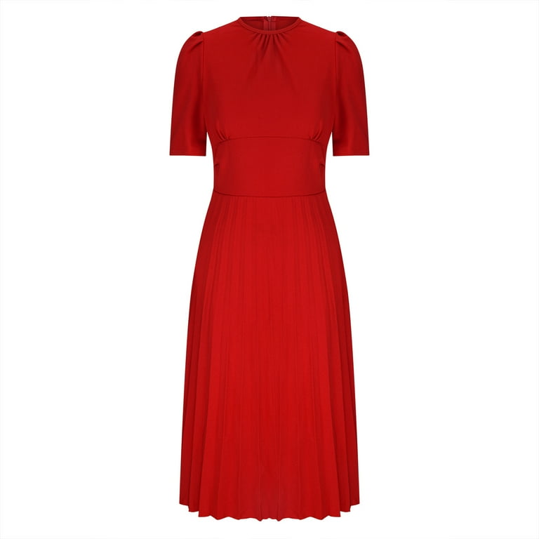 red dress with tummy control Aobny Ladies Summer Dresses Red Tummy Control Plus Size A-Line High Neck  Pleated Short Sleeve Beach Dresses