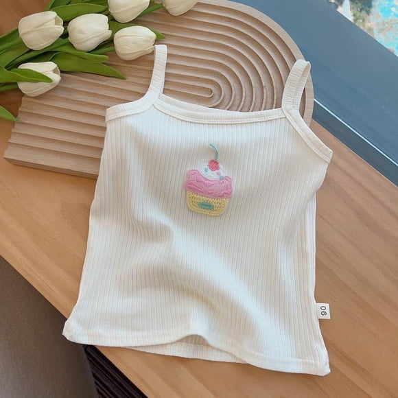 Joli Haut Sans Manches, Dessin Animé Brodé, Tricoté, Coupe Ajustée, Gilet Extensible, Chemise, Couleur Bonbon, Robe d'Été - Yizuba