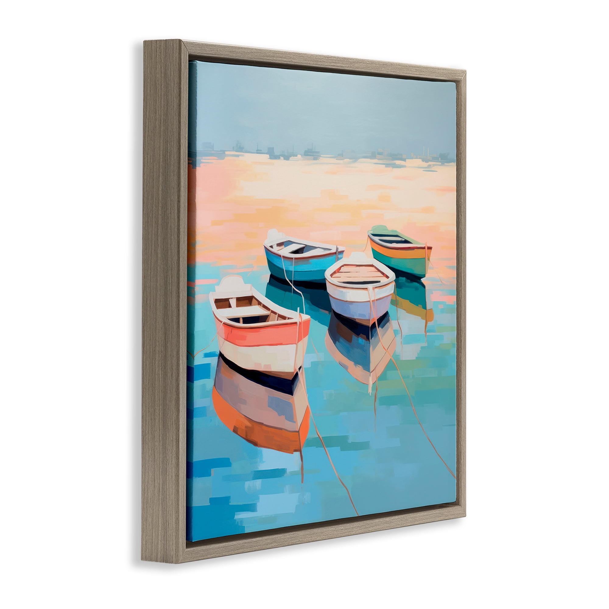 Stupell Industries Boat Reflection Shore Transportation Painting Brown Floater Framed Canvas Art Print Wall Art, 25 x 25
