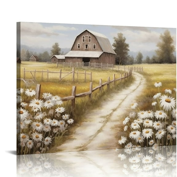 JRXY Farmhouse Old Barn Wall Art Painting Rustic Decor Canvas White Flowers Living Room Bedroom Office Decorations 20x16in