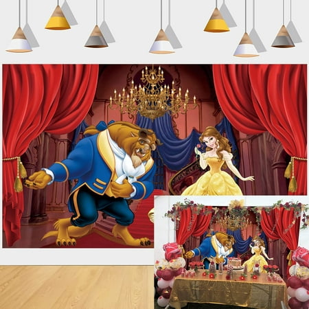Image of Beauty and The Beast Backdrop Palace Golden Chandelier Red Curtain Photography Background Princess Girl Baby Shower Birthday Party Studio Photo Decoration Props 8x6FT