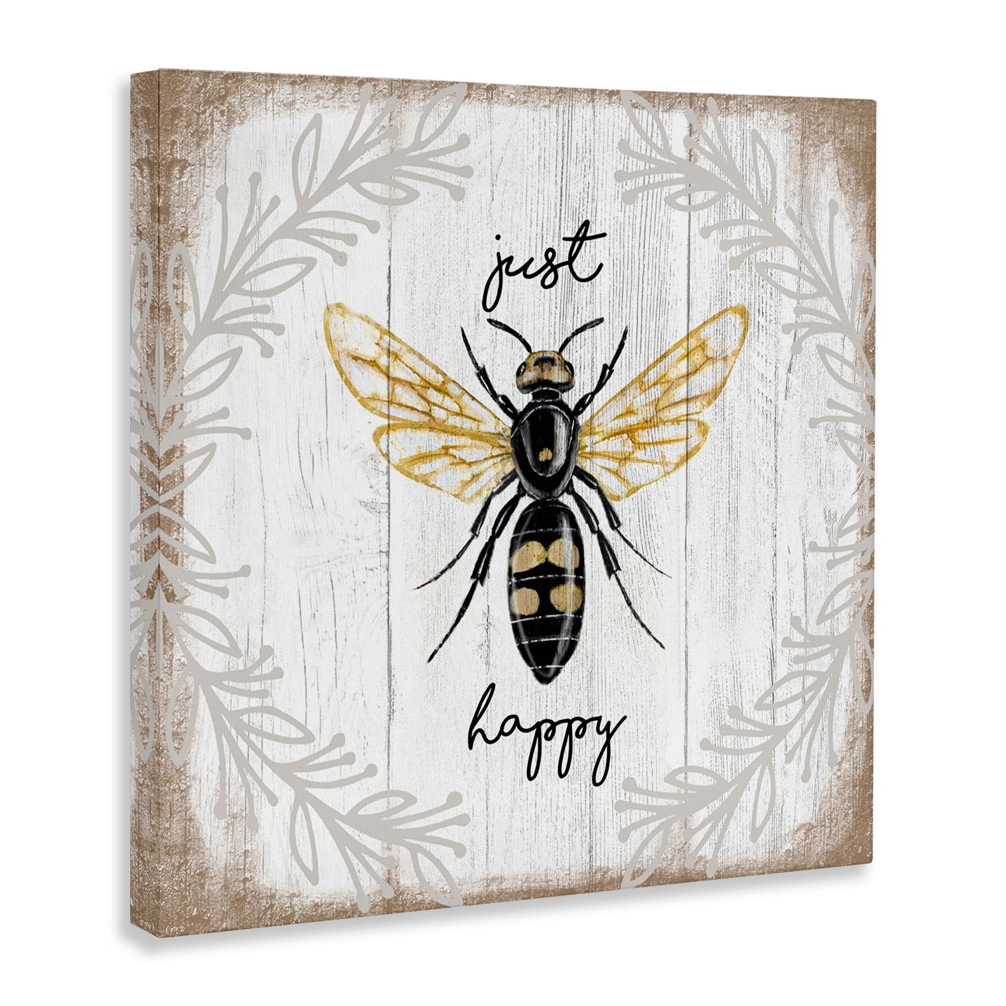 Just Be Happy Charming Rustic Bee Pun Animals & Insects Gallery-Wrapped Canvas Print Wall Art, 17x17