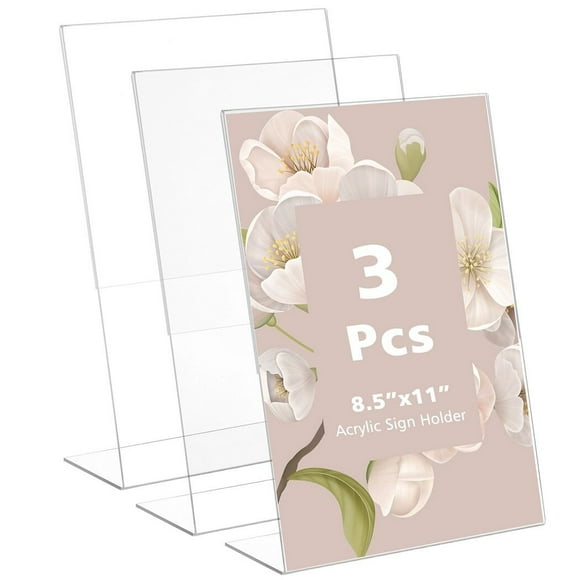 PinesC 3 Pcs Acrylic Sign Holders, 8.5×11in Vertical Desktop Menu Display Stands, Clear Slanted Picture Frames, Plastic Table Flyer Paper Holders for Offices, Restaurants, Stores