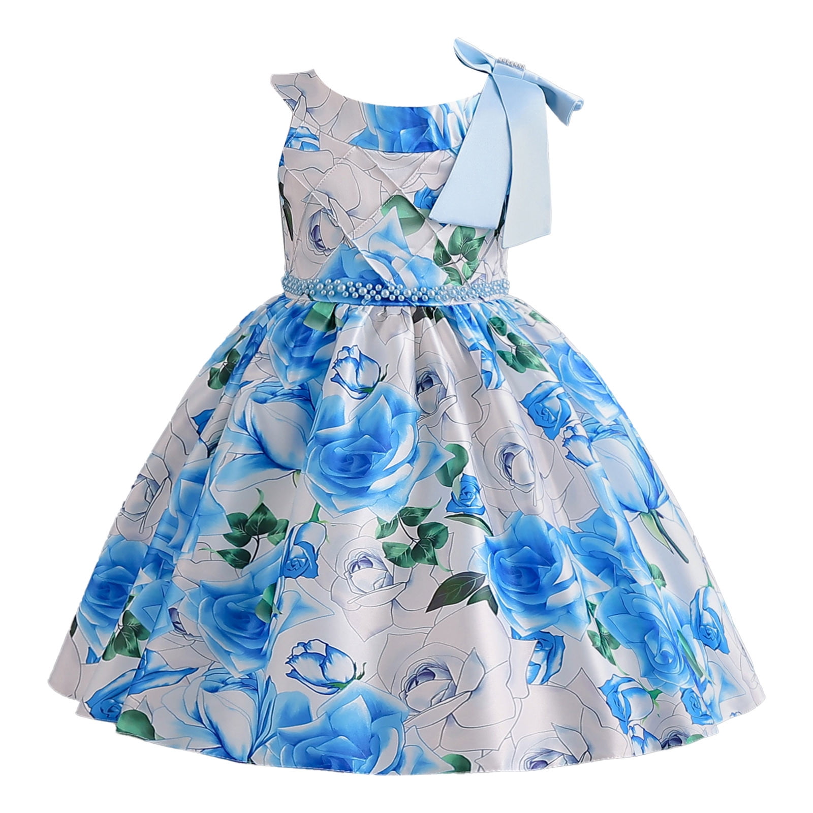 Big Kid Girl Dress Floral Toddler Dress Child Girls Pageant Dress Party Fly Sleeve Bowknot Gown Dresses Girls Clothes Blue 5 6 Years