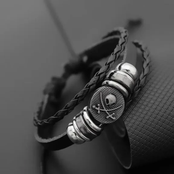 2PCS Vintage Punk Skull Round  Bracelet Multi layer Beaded Weaving Leather Bracelet Fashion Creative Men's Jewelry