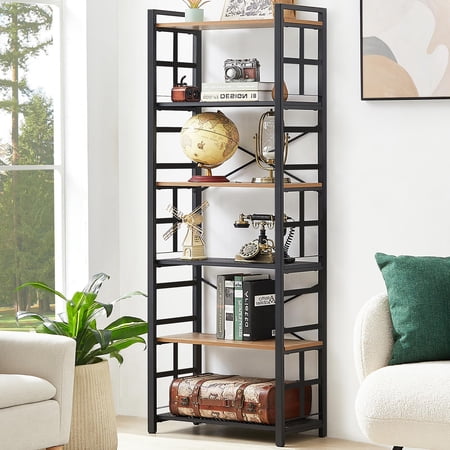 6 Tier Industrial Bookshelf, 70.7H Metal Frame With Wood Shelves, Black & Natural Finish