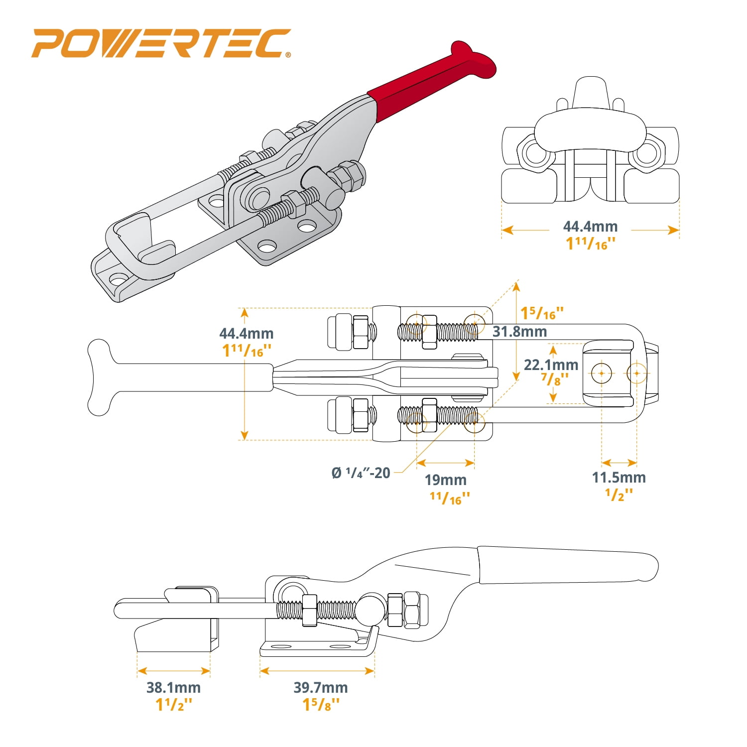 POWERTEC 4PK Toggle Clamp, 700 lbs Holding Capacity, 431 Adjustable U Bolt Latch w/Antislip Hand Grip for Woodworking Jigs & Fixtures, Smoker, Tire Carrier, Tool Box, Cabinet, Truck (20307-P4V)